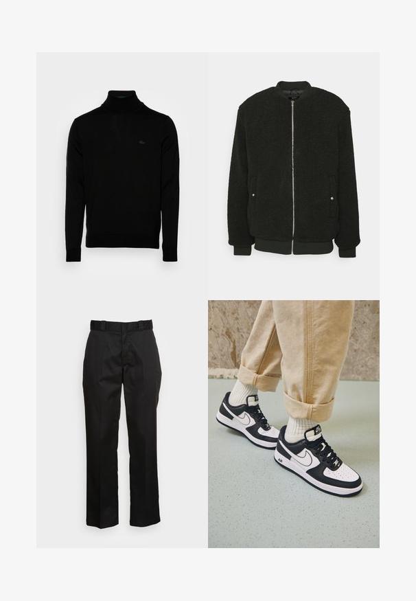 Zign Bombera - black; Čierny rolák, rebrovaná textúra, dlhé rukávy, priliehavý strih, diskrétne logo Lacoste na hrudi, stredne ťažký pletený materiál.; Čierne nohavice vyrobené z hladkej tkaniny, s rovnými nohavicami, pútka na opasok a dvoma bočnými vreckami. Klasický vzhľad bez ozdôb.; Čierno-biele tenisky Nike Air Force 1 s koženým zvrškom, perforovanou špičkou a textúrovanou podrážkou, kombinované s ohrnutými béžovými nohavicami a bielymi ponožkami.