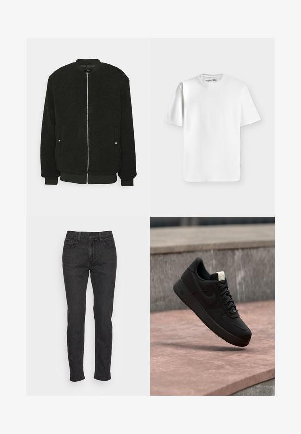 Zign by Zalando Bombera - black; Jednoduché biele tričko s krátkym rukávom a okrúhlym výstrihom položené na rovnej ploche na svetlosivom pozadí s malou značkovou nálepkou vo výstrihu.; Čierne džíny z denimu s priliehavým strihom, s piatimi vreckami, pútkami na opasok a jemnými detailmi prešívania. Ošúchaná textura po celej látke.; Čierna teniska Nike Air Force 1 plávajúca nad ružovým betónovým okrajom so sivým kamenným pozadím, zobrazujúca bočné a horné detaily.