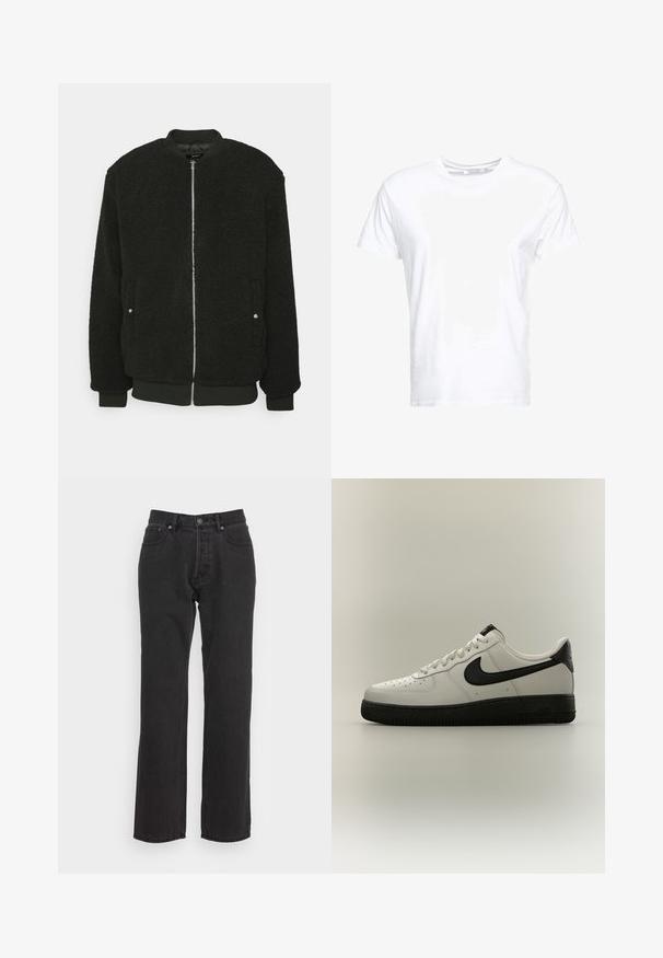 Zign by Zalando Bombera - black; Biela bavlnená tričko má okrúhly výstrih a krátke rukávy, s klasickým strihom a hladkou textúrou. Žiadne vzory alebo hardvér nie sú viditeľné.; Čierne džínsy s rovným strihom, s predným zapínaním na gombík, pútka na opasok a dvoma bočnými vreckami. Textúrovaná tkanina.; Nízke biele tenisky s čiernym Nike swoosh, čiernou pätovou záložkou a hrubou čiernou podrážkou na neutrálom pozadí.