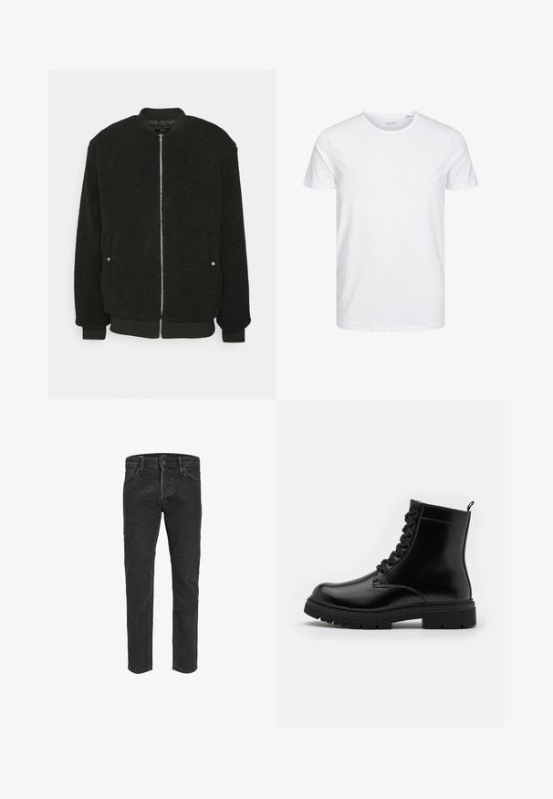 Zign Bomberjakke - black; Rundhals kortærmet t-shirt i ensfarvet hvid, lavet af blød bomuld, har et simpelt design uden synlige mønstre eller detaljer.; Sorte denimbukser med lige ben, fem lommer og bæltestropper, der har en let falmet tekstur og kontraststing. ; Sorte læder ankelstøvle med rund tå, snørebånd, tekstureret sål og en løftestrop bagpå for nem påtagning.