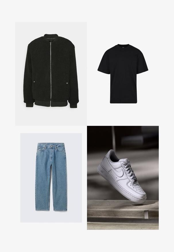 Zign by Zalando Bomberjakke - black; Sort T-shirt med korte ærmer og rund hals, afslappet pasform, ensfarvet design uden synlige logoer eller mønstre.; Lyseblå jeans med lige ben, forlommer, bæltestropper og knaplukning på ensfarvet baggrund.; Hvid læder Nike Air Force 1 sneaker med perforeret tå, flade snørebånd og tekstureret gummisål med "AIR" branding på siden.