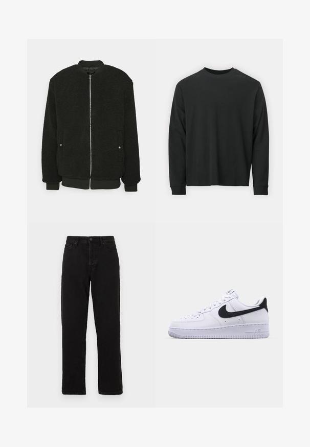 Zign by Zalando Bomberjakke - black; Langærmet sort T-shirt lavet af bomuld, med rund halsudskæring, løs pasform og ribbede ærmer. Glat tekstur uden synlige mønstre.; Sorte denim jeans med lige ben design, der har knaplukning, bæltestropper og klassisk fem-lomme stil.; Hvide lædersneakers med en struktureret sort Swoosh, flade snørebånd og en gummisål med et rillemønster. "AIR" er præget på hælen.