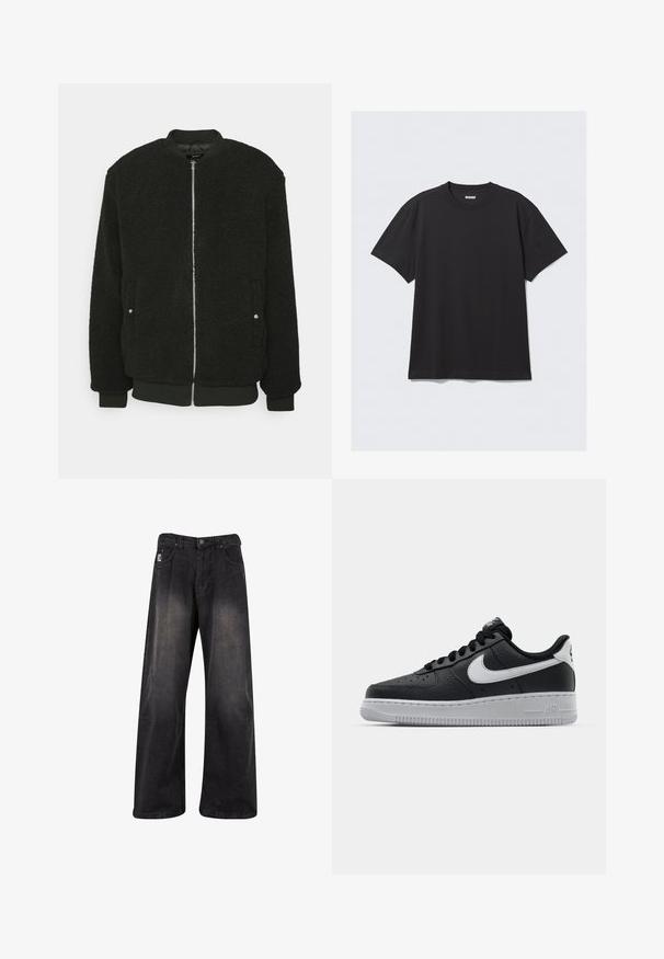 Zign by Zalando Bombera - black; Čierne tričko s krátkym rukávom vyrobené z bavlny. Má okrúhly výstrih a voľný strih. Jednoduchý dizajn bez vzorov alebo akcentov.; Čierne široké denimové nohavice s vyblednutým povrchom, vybavené gombíkovým zapínaním, piatimi vreckami a značkovou nášivkou na prednej ľavej strane.; Čierne kožené tenisky s textúrovaným povrchom, biely Nike swoosh, šedá podrážka, okrúle špičky a šnurovací dizajn. Obsahuje perforácie na špičke.