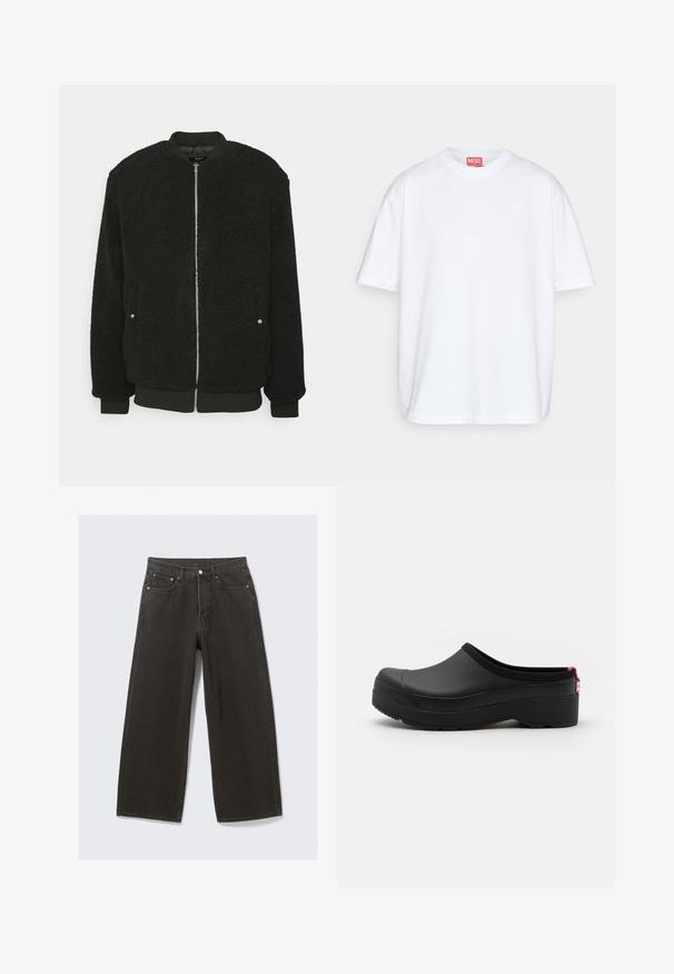 Zign by Zalando Bomber-jakk - black; Diesel BOGGY MEGOVAL - Trükipildiga T-särk - white; Laiad mustad teksad omavad kõrge vöökoha, viit taskut ja nööbiga sulgemist. Kangas on pehme ja tekstuuriga viimistlusega.; Mustad mustad klotsid, millel on tõstetud konts, ümar varvas ja tekstuuriga talla. Omavad pehmet, polsterdatud äärt ja punast aktsenti taga.