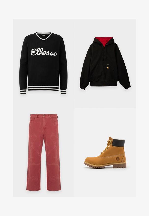 Sudadera con capucha negra con forro interior rojo, cierre delantero de cremallera, dos bolsillos laterales y un pequeño parche con logo en el bolsillo izquierdo.; Jersey negro de cuello en V con el logotipo blanco de "Ellesse" en el pecho y franjas blancas en el cuello, los puños y el dobladillo.; Vaqueros de mezclilla rojos con un corte relajado, que presentan un diseño de cinco bolsillos, costuras visibles y sutiles detalles descoloridos por todo el tejido.; Botín de cuero marrón con ojales de metal, forro de piel sintética blanca, cuello acolchado negro, suela resistente y logotipo en relieve en el costado.