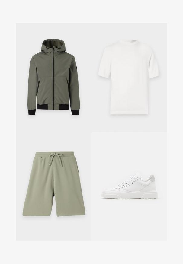 Only & Sons ONSBOWIE SOFTSHELL BOMBER NOOS - Blouson - castor gray; T-shirt en tricot blanc à manches courtes avec un col rond, présentant une texture lisse et des accents côtelés au niveau du col et de l'ourlet.; Shorts vert clair en tissu texturé avec une taille élastique et un cordon de serrage. Coupe droite et design à longueur de genou.; Des baskets en cuir blanc avec une finition lisse, un bout rond, des lacets plats et une semelle texturée. Accents en daim gris au niveau du talon.