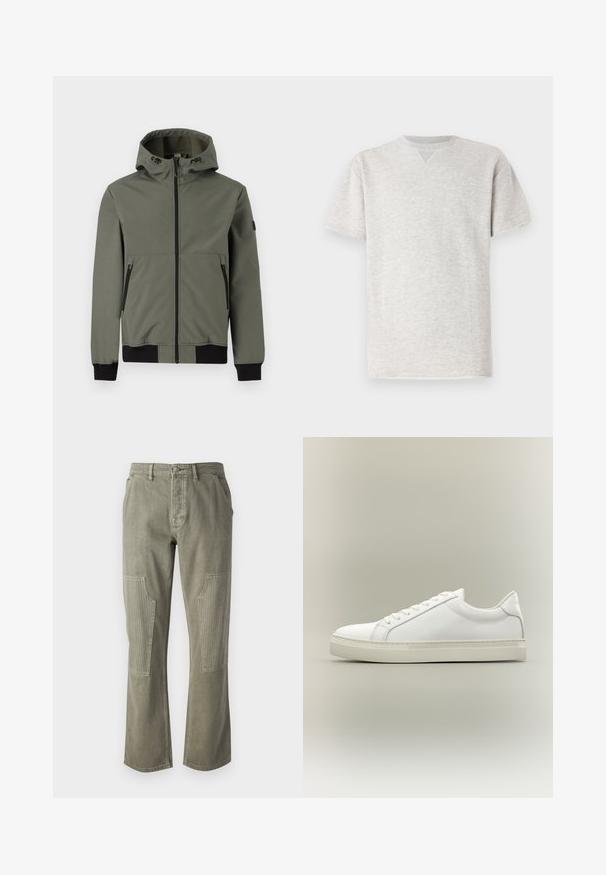 Only & Sons ONSBOWIE SOFTSHELL BOMBER NOOS - Ελαφρύ μπουφάν - castor gray; Γκρι, κοντομάνικο μπλουζάκι φτιαγμένο από μαλακό ύφασμα. Διαθέτει κλασικό λαιμόκοψη και χαλαρή εφαρμογή με μια διακριτική υφή μάρμαρης.; Ελαιοπράσινα παντελόνια από βαμβάκι με ίσια κοπή, με ριγωτές λεπτομέρειες στις μπατζάκιες τσέπες και αντίθετο ράψιμο.; Λευκό sneaker χαμηλού τύπου με κορδόνια μπροστά και χοντρή σόλα, εμφανίζεται από το πλάι σε ουδέτερο φόντο.
