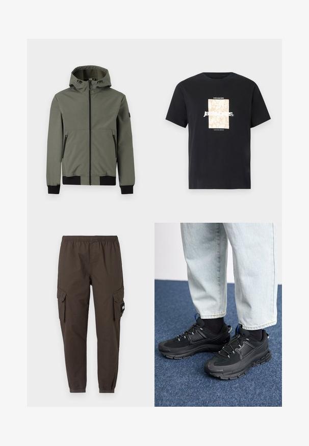 Only & Sons ONSBOWIE SOFTSHELL BOMBER NOOS - Blouson - castor gray; T-shirt noir en coton avec col rond. Présente un graphique rectangulaire beige et un texte blanc "JAWO" centré sur le devant. Manches courtes.; Pantalons cargo en tissu marron foncé, avec une taille élastique, des jambes fuselées et deux poches latérales avec rabats.; Des chaussures de sport noires avec un tissu texturé et des semelles en caoutchouc, dotées de lacets élastiques et d'un accent bleu au talon. Portées avec un pantalon en denim clair.
