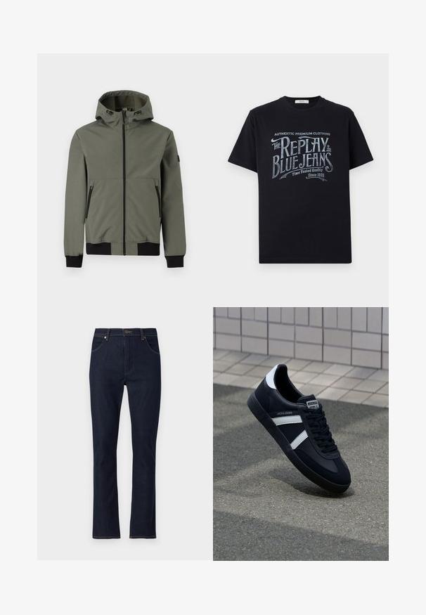 Only & Sons ONSBOWIE SOFTSHELL BOMBER NOOS - Übergangsjacke - castor gray; Schwarzes Baumwoll-T-Shirt mit kurzen Ärmeln und rundem Halsausschnitt, mit einem grafischen Textdesign im Vintage-Stil in Weiß und hellblau auf der Vorderseite.; Dunkelblaue Jeans mit geradem Bein, Vordertaschen, Gürtelschlaufen und Knopfverschluss.; Schwarze Leder-Sneaker mit weißen Streifen, strukturiertem Gummisohle und Schnürung. Verfügt über ein Markenetikett auf der Zunge.