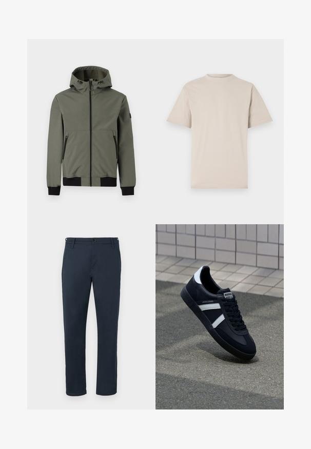 Only & Sons ONSBOWIE SOFTSHELL BOMBER NOOS - Ľahká bunda - castor gray; Bežové tričko s krátkym rukávom, klasický výstrih, vyrobené z hladkej bavlnenej tkaniny, s uvoľneným strihom a bez viditeľných vzorov alebo ozdobných prvkov.; Námornícke bavlnené nohavice so striženým strihom, prednými vreckami, gombíkovým zapínaním a pútkami na opasok. Hladká štruktúra bez viditeľných vzorov.; Čierne kožené tenisky s bielymi pruhmi, textúrovanou gumovou podrážkou a šnurovaním vpredu. Obsahujú označenie značky na jazyku.