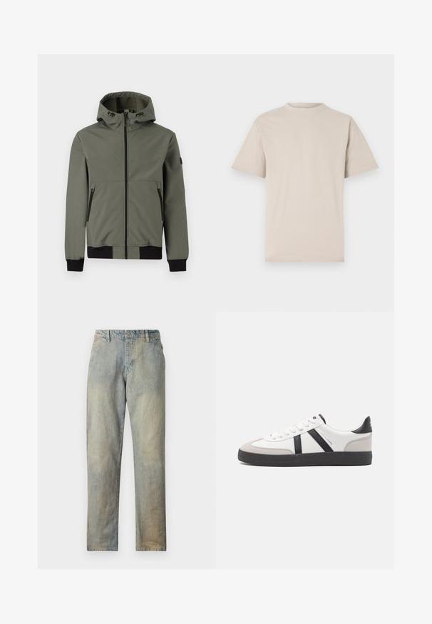 Only & Sons ONSBOWIE SOFTSHELL BOMBER NOOS - Ελαφρύ μπουφάν - castor gray; Μπεζ κοντομάνικο μπλουζάκι, με στρογγυλή λαιμόκοψη, φτιαγμένο από μαλακό βαμβακερό ύφασμα, με χαλαρή εφαρμογή και χωρίς ορατά σχέδια ή διακοσμητικά.; Ανοιχτό μπλε τζιν παντελόνι με ίσια γραμμή, διαθέτοντας κλείσιμο με κουμπί και φερμουάρ, ελαφριά φθορά και χωρίς ορατές διακοσμήσεις.; Λευκό αθλητικό παπούτσι με μαύρες και γκρί λεπτομέρειες, featuring ένα υφή γκρί καλύμμα δαχτύλου, μαύρη καουτσούκ σόλα και επίπεδες λευκές κορδόνες. Καθαρός σχεδιασμός, μινιμαλιστικό στυλ.