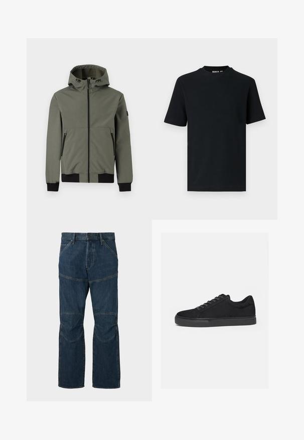 Only & Sons ONSBOWIE SOFTSHELL BOMBER NOOS - Ľahká bunda - castor gray; Čierne rebrované úpletové tričko s krátkym rukávom, okrúhlym výstrihom a malou viditeľnou štítkom vo vnútri goliera.; Tmavomodré džíny z denimu s vystuženými kolenami, predným zapínaním na gombík a zips a prednými vreckami na jednoduchom pozadí.; Čierny nízky športový topánok s predným šnurovaním a plochou gumovou podrážkou, zobrazený z boku na bielom pozadí.