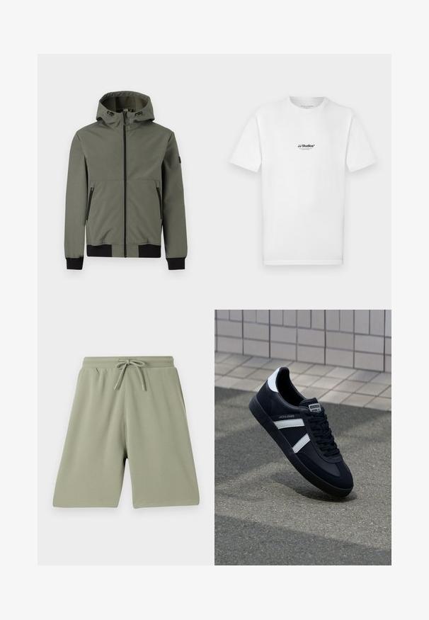 Only & Sons ONSBOWIE SOFTSHELL BOMBER NOOS - Chaqueta de entretiempo - castor gray; Camiseta blanca de algodón con mangas cortas y cuello redondo. Presenta un pequeño logo negro de "JJ Studios" en el pecho.; Pantalones cortos verde claro hechos de una tela texturizada con cintura elástica y cordón. Corte recto y diseño hasta la rodilla.; Zapatilla de cuero negra con rayas blancas, suela de goma texturizada y parte frontal con cordones. Cuenta con una etiqueta de marca en la lengüeta.
