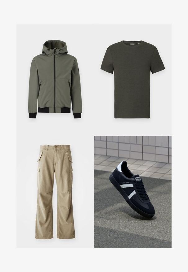 Only & Sons ONSBOWIE SOFTSHELL BOMBER NOOS - Outdoorová bunda - castor gray; Tmavozelené tričko s krátkym rukávom a okrúhlym výstrihom, vyrobené z rebrovanej látky; má jednoduchý, minimalistický dizajn bez vzorov.; Béžové cargo nohavice vyrobené z odolného materiálu, s voľným strihom, viacerými bočnými vreckami a zosilnenými kolenami. Rovný predný dizajn.; Čierne kožené tenisky s bielymi pruhmi, textúrovanou gumovou podrážkou a šnurovaním vpredu. Obsahujú označenie značky na jazyku.