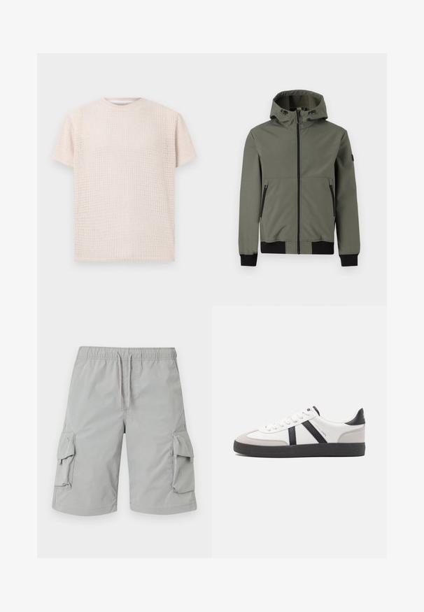 Only & Sons ONSBOWIE SOFTSHELL BOMBER NOOS - Outdoorová bunda - castor gray; Svetlo béžové tričko s krátkym rukávom, s textúrovaným vzorom a voľným strihom. Okruhlý výstrih a mäkká látka, vhodné na voľnočasové nosenie.; Svetlosivé cargo šortky s elastickým pásom, sťahovacou šnúrkou a dvoma veľkými bočnými vreckami. Hladká, ľahká tkanina.; Biele tenisky s čiernymi a šedými akcentmi, s textúrovanou šedou špičkou, čiernou gumovou podrážkou a plochými bielymi šnúrkami. Čistý dizajn, minimalistický štýl.