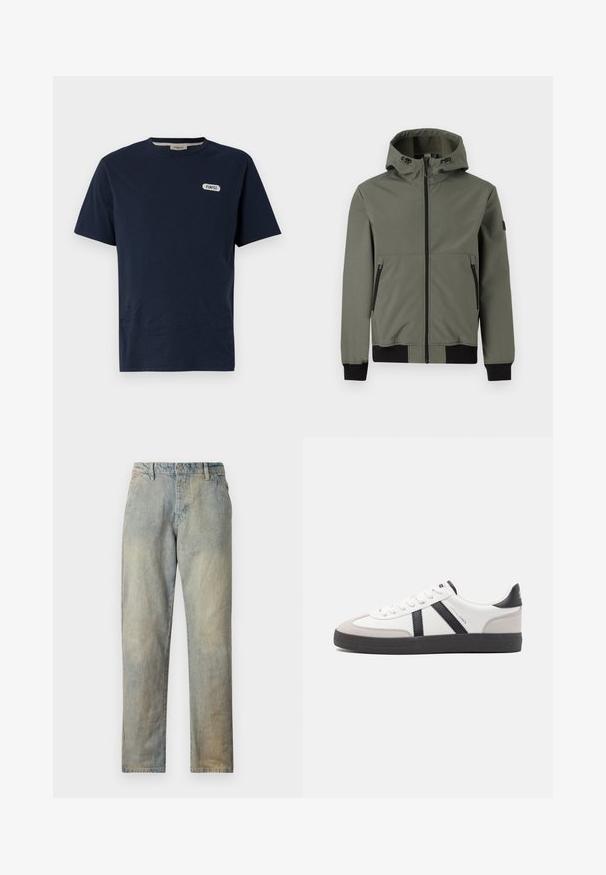 Only & Sons ONSBOWIE SOFTSHELL BOMBER NOOS - Veste mi-saison - castor gray; T-shirt en coton bleu marine avec un col rond, des manches courtes et un logo blanc "POMPEII" sur la poitrine gauche. Texture lisse, coupe décontractée.; Jeans en denim bleu clair avec une coupe droite, présentant une fermeture à bouton et à glissière, un léger délavage et sans embellissements visibles.; Baskets blanches avec des accents noirs et gris, présentant un embout texturé gris, une semelle en caoutchouc noir et des lacets plats blancs. Design épuré, style minimaliste.