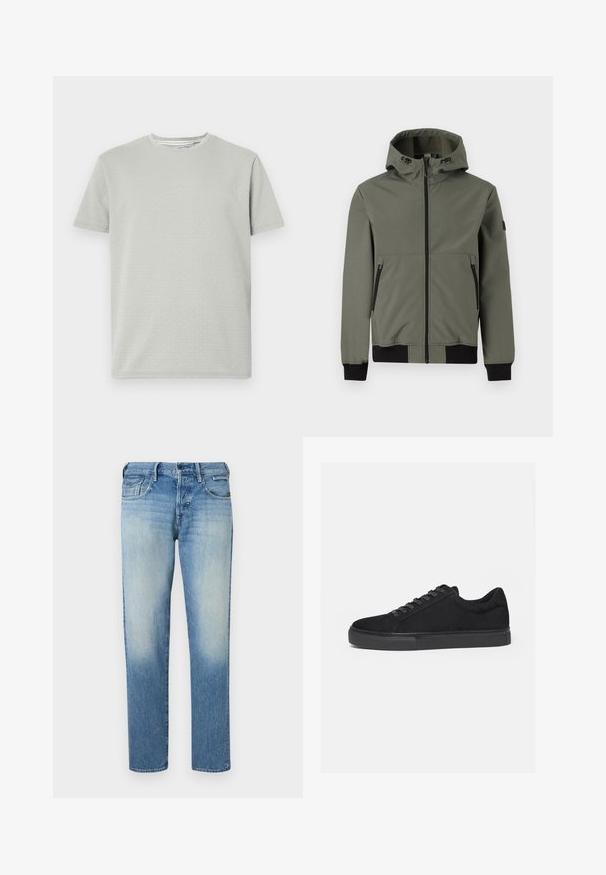 Only & Sons Bomber ONSBOWIE Bomber - Kerge jope - castor gray; Heled hõbedane lühikeste varrukate T-särk, millel on tekstuuriga muster, ümmargune kaelus ja sirge äär. Valmistatud pehmest, hingavast kangast.; Heledad sinine denimist teksapüksid, millel on tuhm viimistlus, sirged jalad, viis taskut ja nööbiga kinnitamine. Õmblemise detailid ja brändi silt tagaküljel.; Must madalate tossudega toss, eesnöörimine ja lame kummitald, näidatud küljelt valgel taustal.