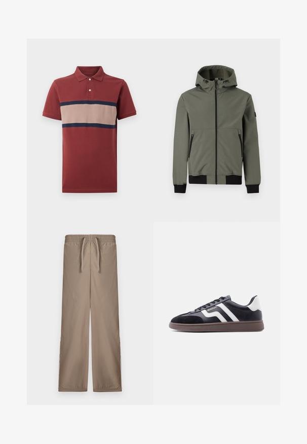 Only & Sons Bomber ONSBOWIE Bomber - Overgangsjakke - castor gray; Kortærmet poloshirt i teglrød med beige vandret stribe kantet af marineblå på tværs af brystet, to-knaps placket og ribkantet krave.; Lysebrune, løstsiddende bukser med elastisk talje og snørrehoved; har sideslids ved kanten for ekstra detalje.; Sorte sneakers med ruskind og syntetisk materiale, hvide diagonale striber og en brun tekstureret sål. Har snøredesign og polstret krave.