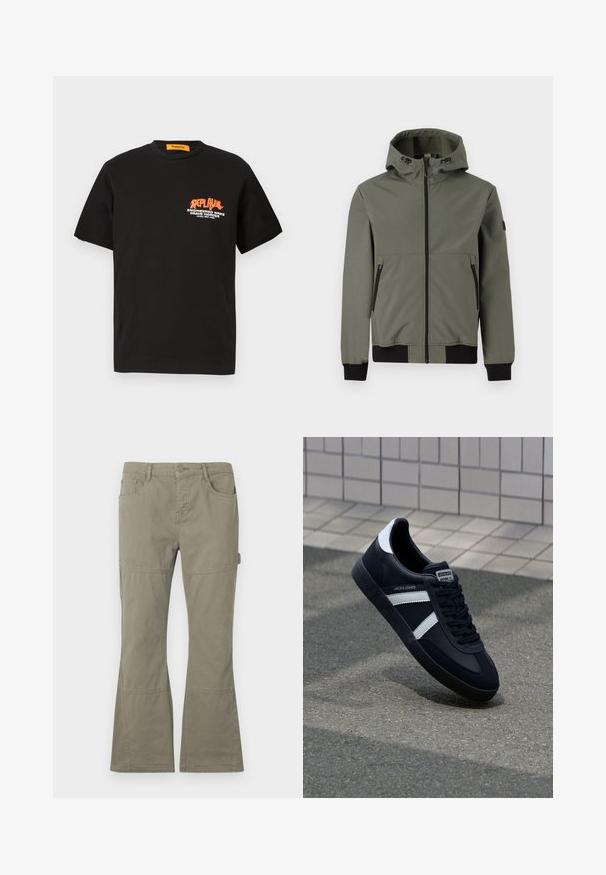 Only & Sons ONSBOWIE SOFTSHELL BOMBER NOOS - Chaqueta outdoor - castor gray; Camiseta de algodón negra con mangas cortas, que presenta un diseño gráfico de texto en naranja y blanco en la parte delantera. Cuello redondo, ajuste relajado.; Pantalones de campana color caqui hechos de algodón. Con bolsillos frontales y laterales, detalles de costura y una textura suave.; Zapatilla de cuero negra con rayas blancas, suela de goma texturizada y parte frontal con cordones. Cuenta con una etiqueta de marca en la lengüeta.