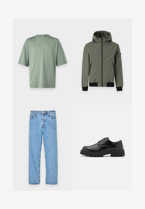 Only & Sons ONSBOWIE SOFTSHELL BOMBER NOOS - Ελαφρύ μπουφάν - castor gray; Ανοιχτό πράσινο κοντομάνικο μπλούζα με στρογγυλή λαιμόκοψη και άνετη εφαρμογή; κατασκευασμένη από μαλακό υλικό με λεία υφή.; Ανοιχτού μπλε τζιν παντελόνι με ίσια γραμμή, πέντε τσέπες, ορατές ραφές και κλείσιμο με κουμπί και φερμουάρ.; Μαύρα δερμάτινα παπούτσια με στρογγυλή μύτη, σχέδιο με κορδόνια και παχιά, υφή από καουτσούκ σόλα. Διαθέτει ραφή κατά μήκος της άκρης και ομαλή φινιρίσματα.