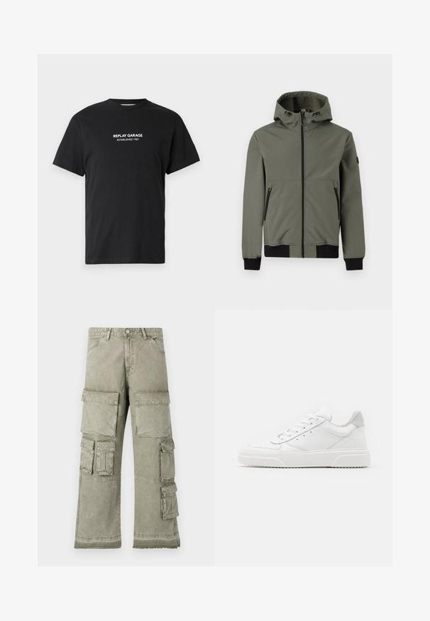 Only & Sons ONSBOWIE SOFTSHELL BOMBER NOOS - Übergangsjacke - castor gray; Schwarzes Baumwoll-T-Shirt mit kurzen Ärmeln, auf dem die weiß gedruckte Aufschrift "REPLAY GARAGE ESTABLISHED 1981" mittig auf der Brust prangt.; Cargo-Hosen in einem hellen Olivgrün, mit mehreren großen Taschen, einem weit geschnittenen Design und Rohen Saumdetails. Hergestellt aus strapazierfähigem Material.; Weiße Leder-Sneaker mit glatter Oberfläche, rundem Zehenbereich, flachen Schnürsenkeln und strukturiertem Schuhsohlen. Graues Wildleder-Detail an der Ferse.