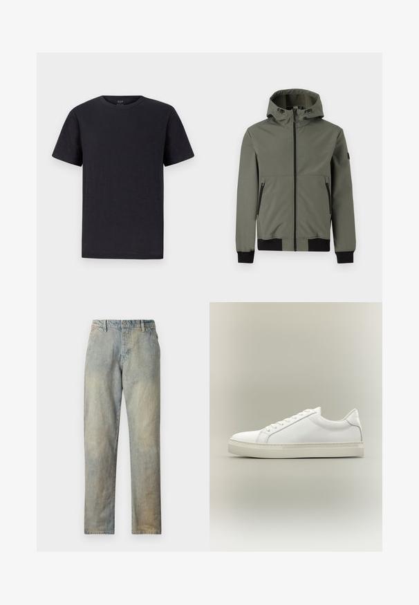 Only & Sons Bomber ONSBOWIE Bomber - Veste mi-saison - castor gray; T-shirt noir en tissu doux et léger avec un col rond classique et des manches courtes. Design simple et uni sans motifs ni accents.; Jeans en denim bleu clair avec une coupe droite, présentant une fermeture à bouton et à glissière, un léger délavage et sans embellissements visibles.; Baskets blanches basses à lacets sur l’avant et semelle épaisse, vues de côté sur un fond neutre.