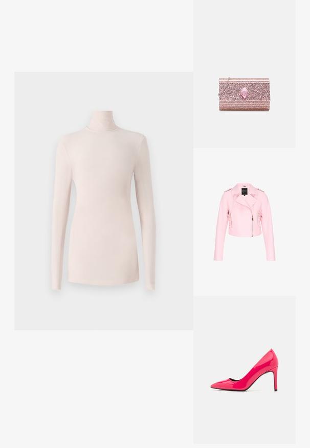 Korte roze faux leren jas met een afgeplatte kraag, ritssluiting aan de voorkant en decoratieve studs langs de schouders; een strakke en gladde textuur.; Lichtroze, lange mouwen, coltrui gemaakt van zacht, rekbaar materiaal met een aansluitend model en minimale naden.; Felroze patenten leren hoge hakkenpomp met een spitse neus en een slank silhouet, met een dunne stiletto hak en een zwarte binnenkant.; Kurt Geiger London PARTY EAGLE CLUTCH DRENCH - Clutch - pale pink
