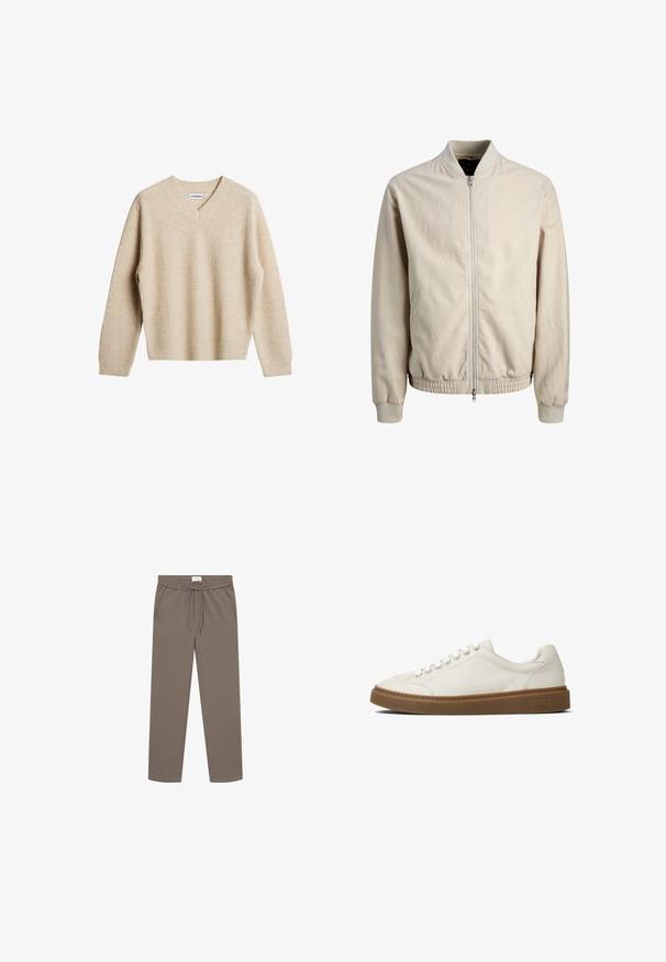 Veste bomber beige zippée avec col, poignets et ourlet côtelés, avec poches latérales et manches longues.; Pull en maille côtelée beige avec un col en V et des manches longues. Présente une coupe décontractée et un tissu texturé pour plus de chaleur et de confort.; Les Deux COMO TAPERED DRAWSTRING PANTS - Pantalon classique - bungee cord; Baskets en cuir blanc avec un bout arrondi, une semelle plate en caoutchouc marron et un design à six œillets avec lacets. Présentent des coutures discrètes et un logo sur le talon.