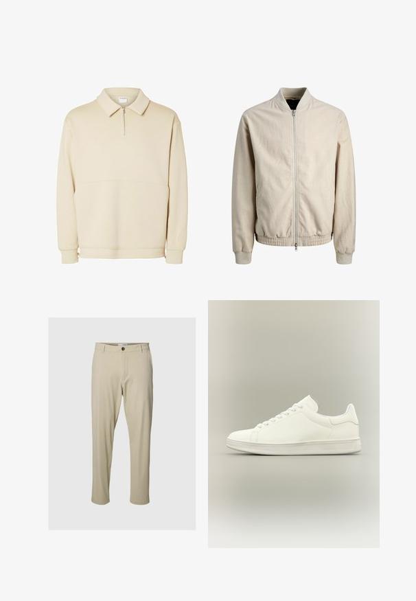 Beež zipiga bomber-tüüp jope soonikkoelise krae, varrukasääre ja äärega, küljetaskute ja pikkade varrukatega.; Beige pullover särk pehmest kangast, millel on lukuga kaelus, krae ja vabalt langev lõige koos lihtsa horisontaalse õmbluse detailiga.; Beige püksid, mis on valmistatud pehmest kangast ja millel on kitsas lõige, eesnööbiga sulgemine, küljetaskud ja puhtad õmblused, ilma mustriteta.; Minimalistlik valge madala säärega toss nahast paeltega, sileda pealismaterjali ja tekstureeritud kummipõhjaga, esitatud neutraalsel taustal.