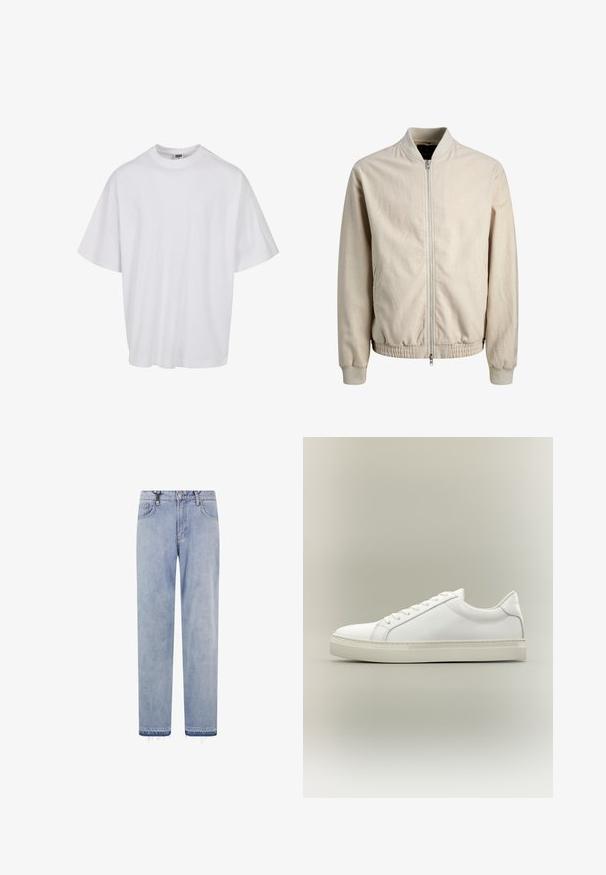 Veste bomber beige zippée avec col, poignets et ourlet côtelés, avec poches latérales et manches longues.; T-shirt en coton blanc avec un col rond et des manches courtes, présentant une coupe ample et des détails de couture subtils.; Jean denim bleu clair à jambes droites avec poches avant, passants pour ceinture, fermeture par bouton et ourlets effilochés.; Baskets blanches basses à lacets sur l’avant et semelle épaisse, vues de côté sur un fond neutre.