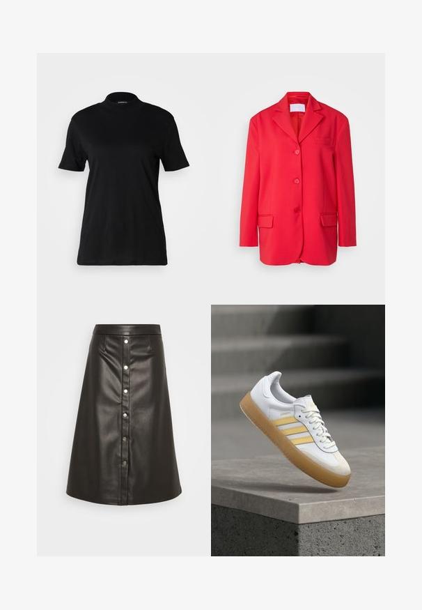 Blazer rojo hecho de una tela suave, que presenta un collar clásico, un bolsillo en el pecho, dos bolsillos frontales y un cierre de tres botones.; Camiseta negra de manga corta con un cuello alto, hecha de tela de algodón suave. Diseño simple sin patrones ni gráficos visibles.; Falda negra en línea A hecha de cuero sintético, con cierre de botones en el frente con botones de color plateado y una cinturilla estructurada.; Zapatilla de cuero blanco con acentos amarillos, tres rayas y suela de goma color caramelo. Presenta una punta redondeada y una lengüeta texturizada.