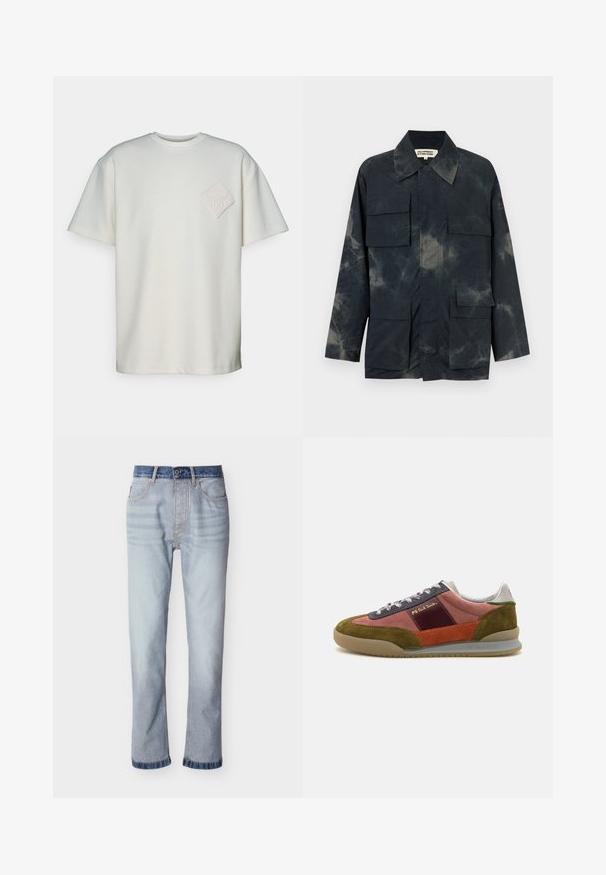 Veste sombre avec de grandes poches à rabat sur la poitrine et les hanches, motif subtil tie-dye, large col et une étiquette à l'intérieur du col.; T-shirt à manches courtes en coton blanc cassé, avec un patch en diamant texturé et un design en relief sur la poitrine gauche.; Jean denim bleu clair avec une ceinture bleu foncé, coupe droite, cinq poches et détails de couture visibles.; PS Paul Smith DOVER - Baskets basses - pink