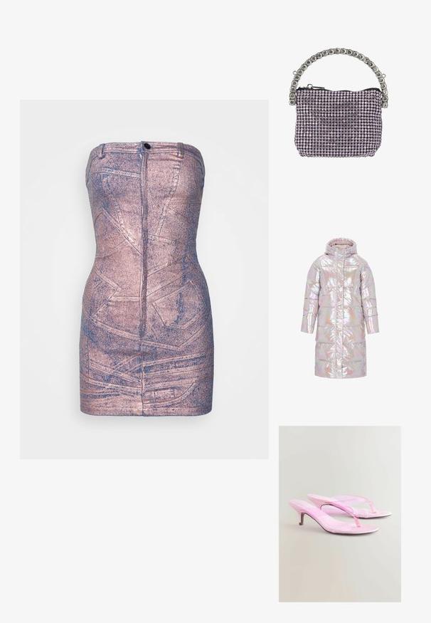 Doudoune iridescente avec capuche, présentant une finition brillante, un design matelassé, des manches longues et des accents à boutons-pression.; Sinead Gorey DISTRESSED PATCHWORK POCKET MINIDRESS WITH ZIP UP FRONT - Robe en jean - pink; Sandales à talons roses avec une finition brillante, dotées d'un design à lanière et d'un talon métallique fin. Texture lisse et style minimaliste.; Petit sac de soirée rectangulaire recouvert de strass violets avec une poignée ornée de strass argentés et une fermeture éclair noire.