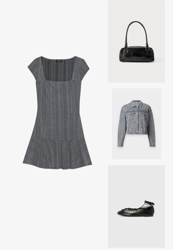 Grijze cropped spijkerjack met lange mouwen, knoopsluiting aan de voorkant en twee borstzakken met klep op een witte achtergrond.; Grijs gestreepte jurk met korte mouwen, een vierkante halslijn en een uitlopende onderkant. Gemaakt van textuurstof, met een ontwerp van verticale strepen.; Zwarte ballerina's van lakleer met een afgeronde neus, veterdesign en een platte zool. Glad oppervlak met minimale details.; Zwarte leren handtas met een rechthoekige vorm, voorzien van een enkele gestructureerde handgreep, zilveren hardware en ritsluiting. Gladde textuur.