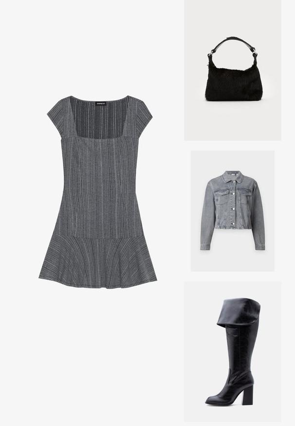 Grijze cropped spijkerjack met lange mouwen, knoopsluiting aan de voorkant en twee borstzakken met klep op een witte achtergrond.; Grijs gestreepte jurk met korte mouwen, een vierkante halslijn en een uitlopende onderkant. Gemaakt van textuurstof, met een ontwerp van verticale strepen.; Hoge zwarte leren laars met hak, een omgeslagen boord en een ronde neus, rechtopstaand tegen een witte achtergrond.; Zwarte neplederen handtas met een zachte textuur, ronde vorm en een stevige zwartleren schouderband. Zilveren hardwareaccenten zichtbaar.