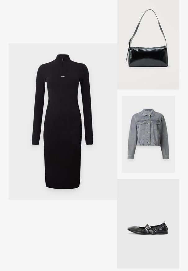 Grå cropped denimjakke med lange ærmer, knaplukning foran og to brystlommer med klap på hvid baggrund.; Sort ribbet langærmet kjole med halv-zip krave og tætsiddende silhuet, der har et lille logo på brystet. Glat tekstur.; Sorte læder flade sko med spids tå, samling detaljer omkring åbningen, og en sølv spænde accent på den justerbare rem.; Sort rektangulær skuldertaske med en enkelt justerbar rem og lynlås i toppen på en ensfarvet baggrund.