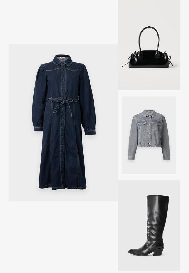 Harmaa lyhyt farkkutakki, jossa pitkät hihat, nappikiinnitys edessä ja kaksi rintataskua läppäkansilla valkoisella taustalla.; Tummansininen denimmimeo, jossa on kaulakoru, etupainonapit, pitkät puffihihat ja sidottava vyö. Sisältää ompeluyksityiskohtia.; Musta nahkasaapas polvipituudella, jossa on terävä kärki, kulmikas korko ja sileä pinta. Sisäpinnalla on hillitty ommelkoriste.; Pieni musta kiiltävä käsilaukku, jossa on kaksi pitkää kantokahvaa ja sivulla nyöritys yksityiskohtia yksinkertaisella vaalealla taustalla.