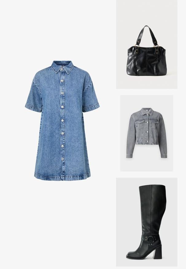 Veste en denim grise courte avec manches longues, devant boutonné et deux poches à rabat sur la poitrine, sur fond blanc.; Robe chemise en denim bleu à manches courtes avec col pointu et une rangée de boutons argentés à l'avant.; Bottes en cuir noires arrivant au genou, avec un bout carré, un large talon et une sangle décorative avec des accents métalliques autour de la cheville. Texture lisse.; Sac à épaule en cuir noir avec double anses attachées par des anneaux et rivets dorés, surface lisse et légèrement brillante, design simple.