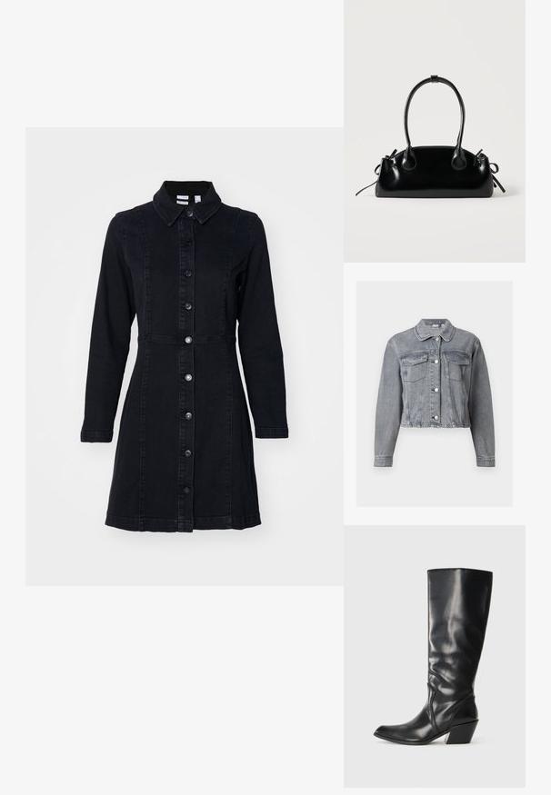 Grå cropped denimjakke med lange ærmer, knaplukning foran og to brystlommer med klap på hvid baggrund.; Sort denimkjole med krave, lange ærmer og knapper foran. Har en tætsiddende talje og en udvidet nederdel. Glat tekstur.; Sorte læder knæhøje støvler med spids tå, vinklet hæl og glat tekstur. Funktioner en subtil syning langs siden.; Lille sort blank håndtaske med to lange håndtag og snøre-detaljer i siden på en ensfarvet lys baggrund.