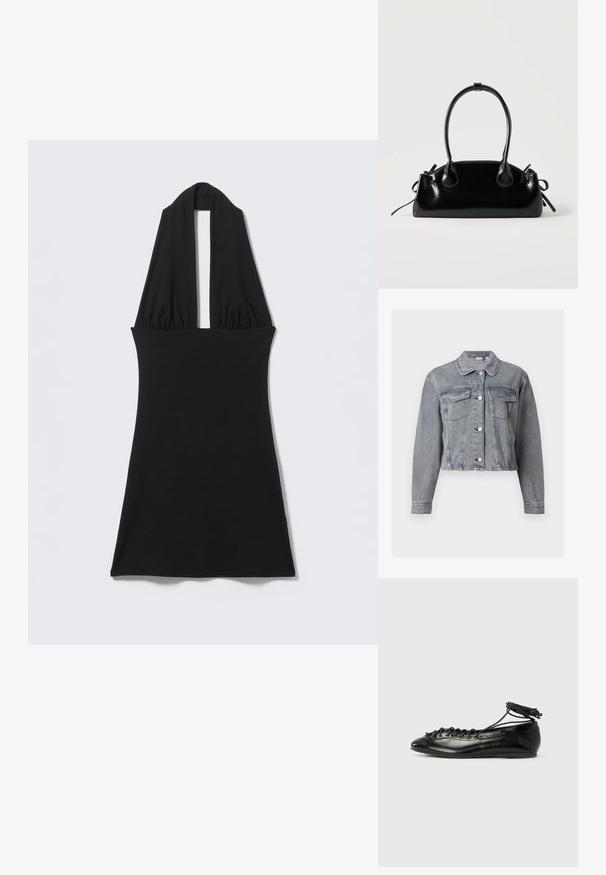 Chaqueta vaquera gris recortada con mangas largas, cierre de botones y dos bolsillos con solapa en el pecho sobre fondo blanco.; Vestido negro sin mangas con cuello halter en V profunda y cintura ajustada, exhibido plano sobre fondo claro.; Zapatos planos tipo ballet de charol negro con punta redondeada, diseño con cordones y suela plana. Textura lisa con detalles mínimos.; Pequeño bolso negro brillante con dos asas largas y detalles de cordón lateral sobre un fondo claro liso.