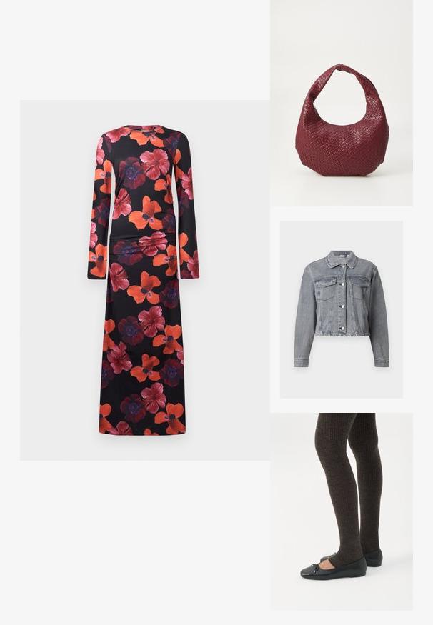 Veste en denim grise courte avec manches longues, devant boutonné et deux poches à rabat sur la poitrine, sur fond blanc.; Robe florale en tissu noir avec des manches longues et un col rond. Le design comprend de grands motifs floraux rouges et violets. Texture lisse.; Jambes portant des leggings côtelés foncés associés à des ballerines noires avec de petits détails en nœud sur fond blanc.; Sac à main tissé bordeaux avec une silhouette arrondie, une seule poignée et une finition texturée. Fermeture zippée en haut.