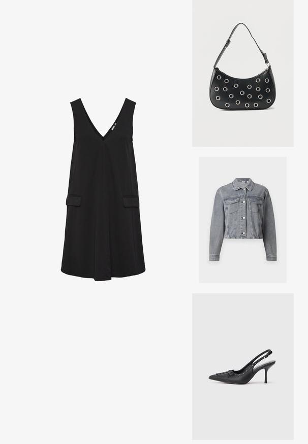 Grå cropped denimjakke med lange ærmer, knaplukning foran og to brystlommer med klap på hvid baggrund.; Sort ærmeløs V-hals kjole med forlommer og A-line silhuet.; Sorte læder slingback stiletto med spids tå, side spændebånd, nitter langs kanten og dekorativ snøring foran.; Sort læder skuldertaske med justerbar rem, dekoreret med sølvfarvede metalnitter og lukning med øverste lynlås.