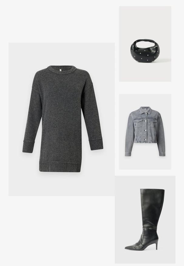 Veste en denim grise courte avec manches longues, devant boutonné et deux poches à rabat sur la poitrine, sur fond blanc.; Pull en laine à manches longues gris foncé, avec des poignets et un ourlet côtelés, un col rond et une coupe décontractée.; Bottes noires en cuir montant jusqu'au genou, avec un talon fin, un bout pointu et des détails de lanière à la cheville. Texture lisse et design ajusté.; Sac à main en cuir noir de forme arrondie, décoré de clous argentés et équipé d'une poignée courte. Texture lisse et fermeture éclair.