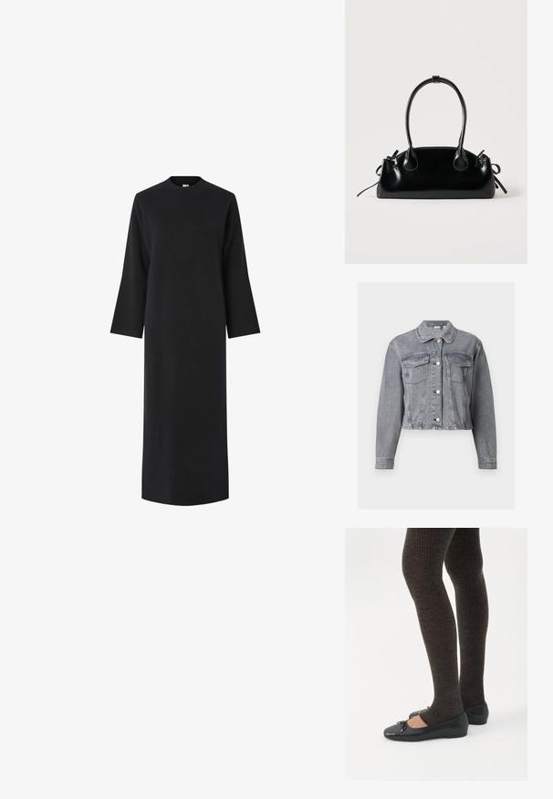 Grå cropped denimjakke med lange ærmer, knaplukning foran og to brystlommer med klap på hvid baggrund.; Sort langærmet kjole med høj halsudskæring, lavet af et glat, tekstureret stof. Har en lige pasform og falder under knæene.; Ben iført mørke ribbede leggings kombineret med sorte balletsko med små sløjfedetaljer på hvid baggrund.; Lille sort blank håndtaske med to lange håndtag og snøre-detaljer i siden på en ensfarvet lys baggrund.