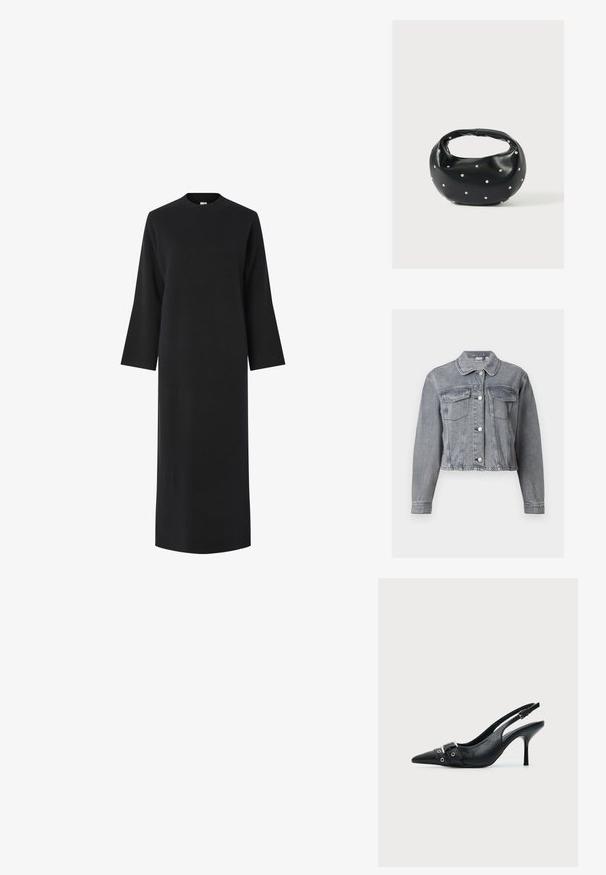 Graue, kurze Jeansjacke mit langen Ärmeln, Knopfleiste vorne und zwei Brustklappentaschen auf weißem Hintergrund.; Schwarzes Langarmkleid mit hohem Kragen, aus einem glatten, strukturierten Stoff gefertigt. Hat einen geraden Schnitt und fällt unter das Knie.; Schwarzer Leder Slingback-Pumps mit spitzer Vorderkappe und einem Schnallen- und Ösenriemen vorne.; Schwarze Lederhandtasche mit abgerundeter Form, verziert mit silbernen Nietenakzenten und kurzem Griff. Glatte Struktur und Reißverschlussverschluss.