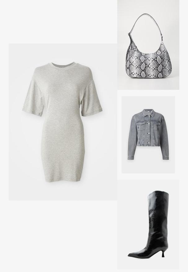 Grijze cropped spijkerjack met lange mouwen, knoopsluiting aan de voorkant en twee borstzakken met klep op een witte achtergrond.; Grijze korte mouw jurk van zacht, lichtgewicht materiaal, met een losse pasvorm en ronde halslijn, die iets taps toeloopt naar de zoom.; Zwarte glanzende kniehoge leren laars met puntige neus en lage gebogen hak op een effen lichte achtergrond.; Zwart-witte slangenprint schoudertas met een afgeronde vorm, een gladde textuur en een ronde strap. Voorzien van een zilveren hardwareaccent.