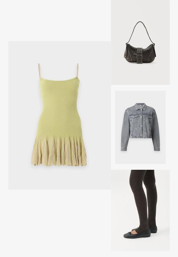 Veste en denim grise courte avec manches longues, devant boutonné et deux poches à rabat sur la poitrine, sur fond blanc.; Robe sans manches en maille vert clair avec fines bretelles et un ourlet en dentelle beige plissé sur fond blanc.; Jambes portant des leggings côtelés foncés associés à des ballerines noires avec de petits détails en nœud sur fond blanc.; Sac à épaule en cuir noir avec une sangle à boucle, des bords arrondis et des coutures blanches contrastées sur un fond uni.