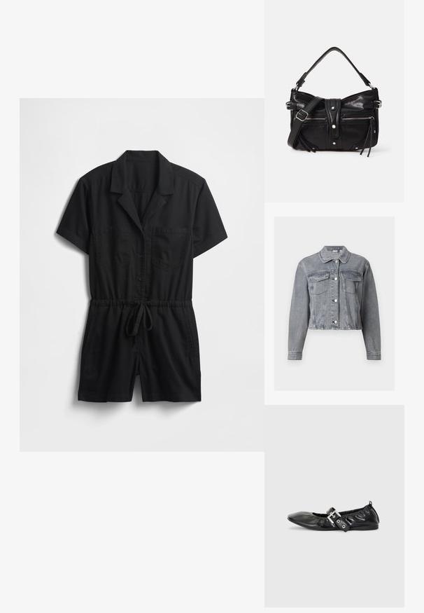 Grijze cropped spijkerjack met lange mouwen, knoopsluiting aan de voorkant en twee borstzakken met klep op een witte achtergrond.; Zwarte jumpsuit met korte mouwen van lichtgewicht stof, voorzien van een kraag, knopen aan de voorkant, twee borstzakken en een verstelbare taille met trekkoord.; Zwarte leren platte schoen met een spitse neus, geplooide details rond de opening en een zilveren gespaccentueerde verstelbare band.; Even&Odd by Zalando H24462 - Handtas - black