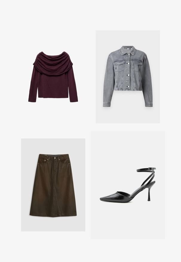 Veste en denim grise courte avec manches longues, devant boutonné et deux poches à rabat sur la poitrine, sur fond blanc.; T-shirt à manches longues en violet profond, avec un col drapé et une texture douce. Le design est décontracté et légèrement ample.; Jupe trapèze en denim marron avec taille haute, fente avant, rivets en cuivre et couture ton sur ton. Texture lisse, longueur au genou.; Escarpin noir à bout pointu avec fines brides de cheville et fermeture à boucle argentée sur fond clair uni.