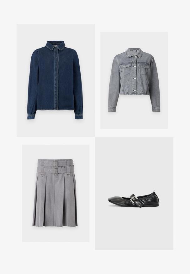 Grå cropped denimjakke med lange ærmer, knaplukning foran og to brystlommer med klap på hvid baggrund.; Mørkeblå denimskjorte med klassisk krave, frontknapper og lange ærmer med samlede manchetter. Har kontraststing overalt.; Grå plisseret nederdel med striber med dobbelt bælte og sølvspænder, med D-ring detaljer ved taljen.; Sorte læder flade sko med spids tå, samling detaljer omkring åbningen, og en sølv spænde accent på den justerbare rem.